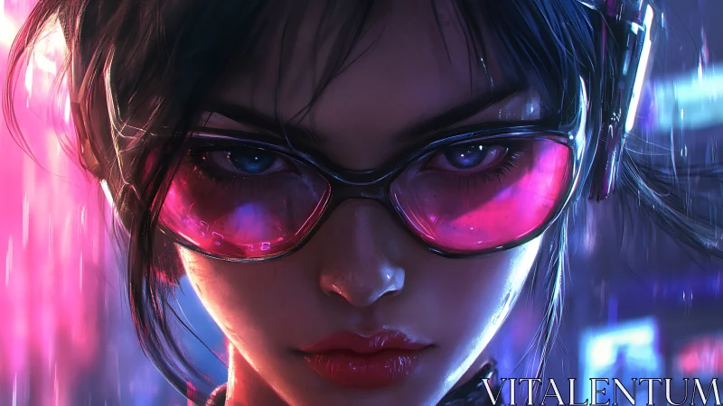 Cyberpunk woman in neon glasses with urban night backdrop.