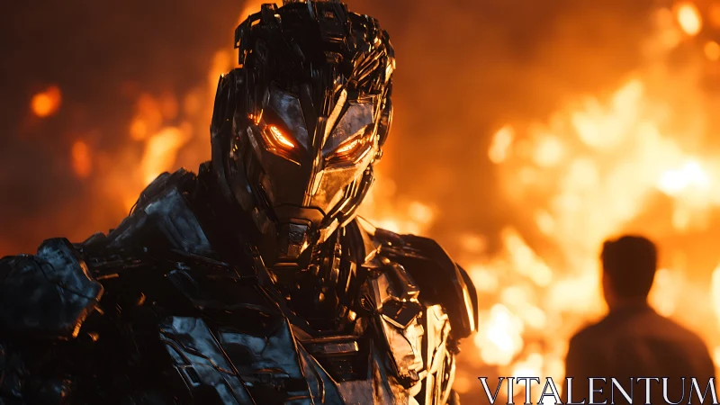 Armored cybernetic warrior glows against burning cityscape.