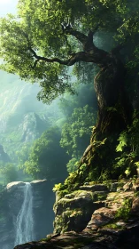 Ancient cliffside tree guarding a misty emerald waterfall valley.