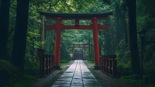 Red Torii Gate in Forest Pathway.