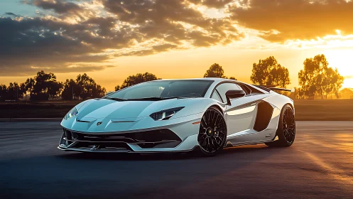 White supercar cuts through golden sunset highway glow.