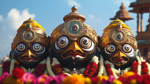 Three decorated ritual wooden masks are displayed outdoors