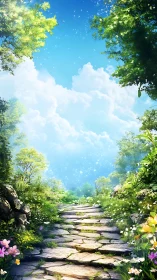 Stone path through dense flowering forest under blue sky.