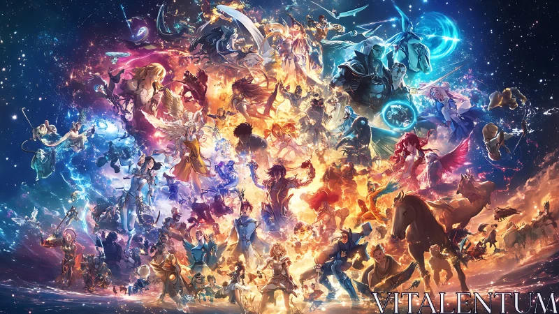 Cosmic fantasy battle panorama with radiant elemental heroes.