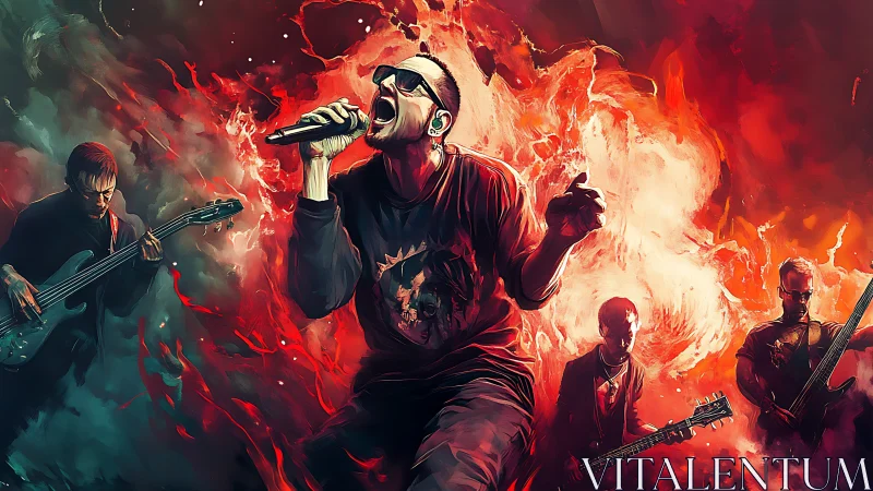Rock vocalist and band surrounded by vivid red stage flames