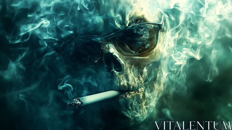 Smoldering skull in teal smoke with burning cigarette