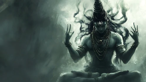 Meditating deity radiates stormlike energy in spectral mist
