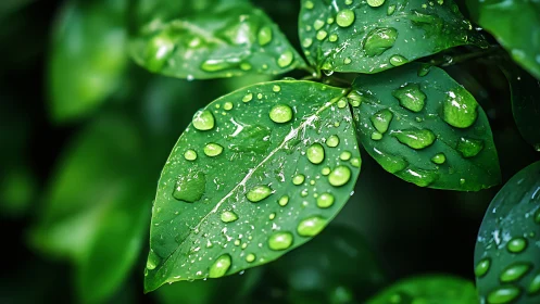 Rainwater droplets rest on green leaves in sharp focus
