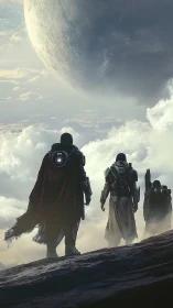 Four armored explorers stand above clouds under massive planet