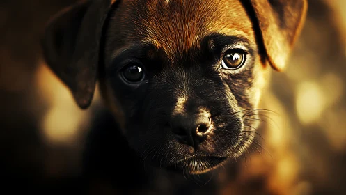 Puppy portrait fills frame with sharp eyes and warm light