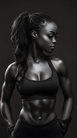 Athletic female figure in sportswear on dark background.
