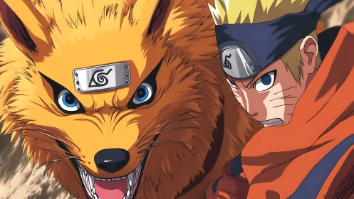 Anime ninja and fox entity in close frontal composition.