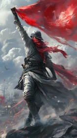Revolutionary warrior raises a blazing red banner to victory