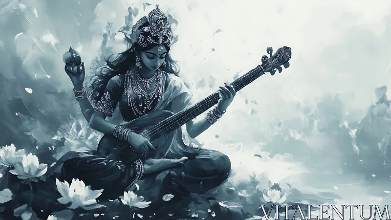 Lotusborn muse strums celestial strings in misted blues.