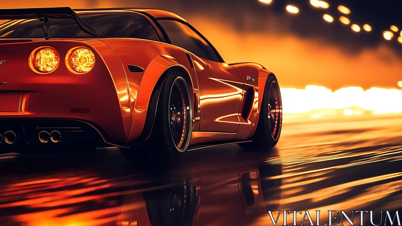 Orange sports coupe on wet road under blurred tunnel lights.