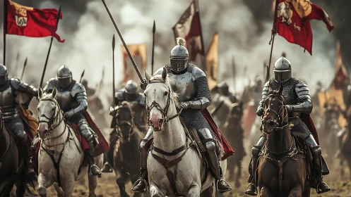 Gallant medieval knights charge forward through swirling battle smoke