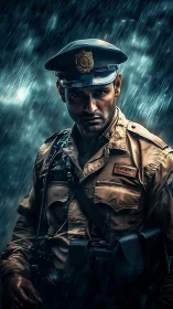 Police officer stands in heavy rain wearing tactical gear