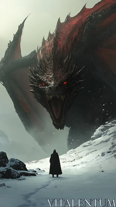 Cloaked human confronts large winged dragon in snowy pass
