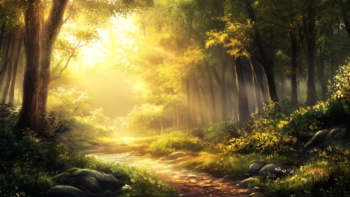 Golden Forest Pathway with Stream and Sunlight.