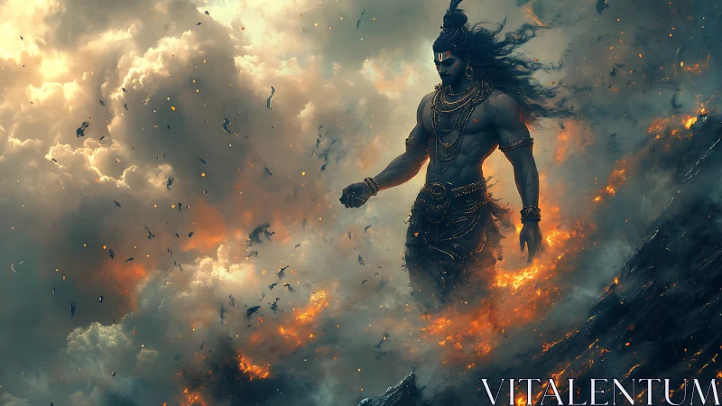 Mythic warrior figure walks through dense clouds and fire