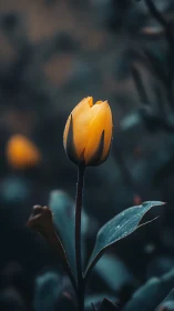 Yellow tulip bloom with water droplets against dark blurred background.