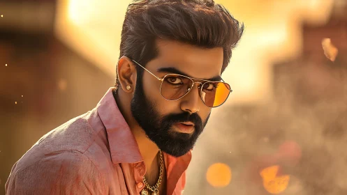 Cool bearded man in golden light with confident gaze.