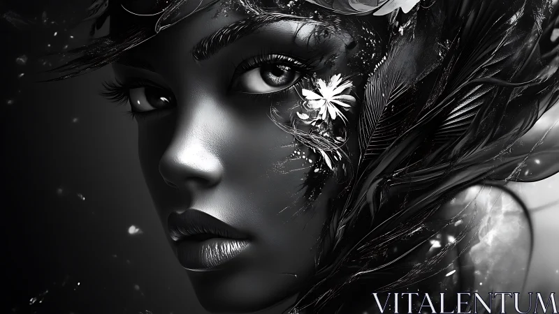 Monochrome digital portrait with floral and feather accents.