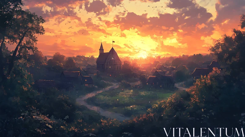Rural village skyline glows under expansive cinematic sunset