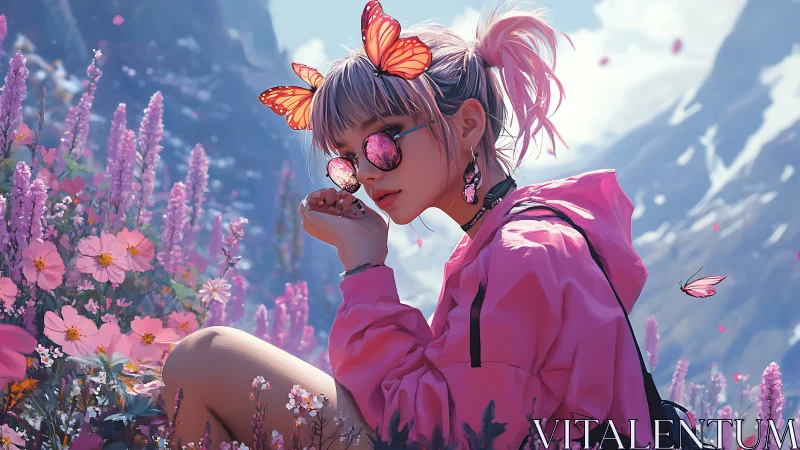 Chromatic field study of neon-clad girl amid alpine blooms.
