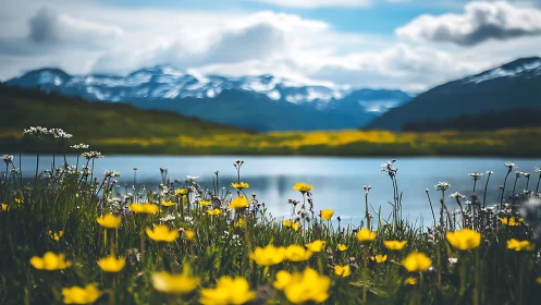 Alpine Lake Valley Blooms Beneath Snow-Capped Peaks