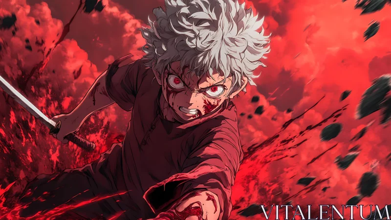 White haired anime swordsman charges forward through red blast
