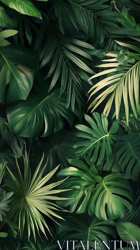 Emerald jungle tapestry of overlapping tropical leaf whispers.