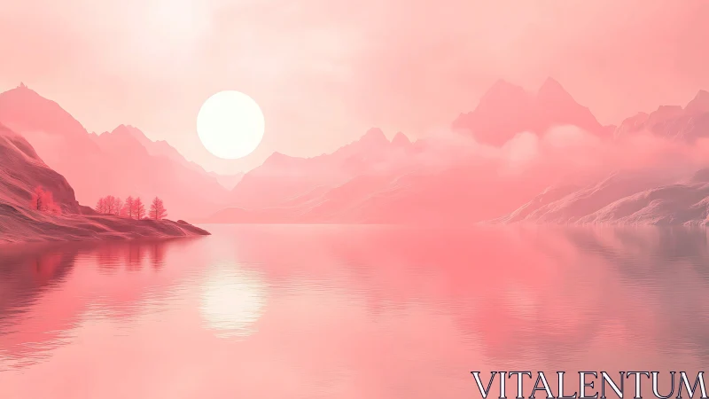Monochrome pink mountain lake under high-key diffused sunlight