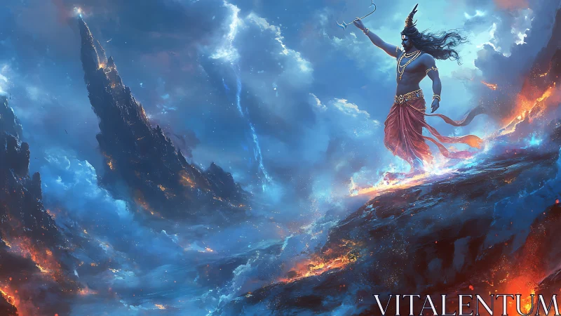 Storm deity commanding burning sky over jagged peaks.