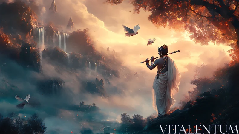 Mythic robed figure with flute in misty waterfall landscape.