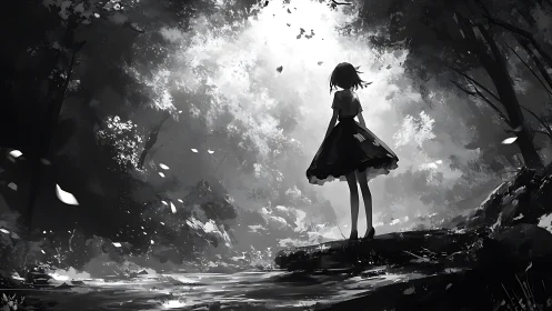 Silhouetted girl contemplates a luminous forest clearing.