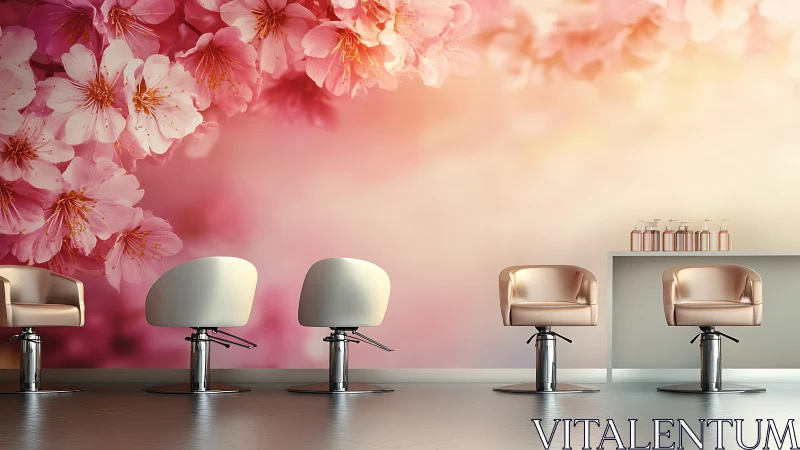 Blossom-soaked salon lounge where pastel chairs quietly glow.