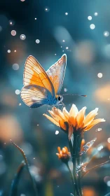 Macro view shows butterfly resting on flower in soft bokeh