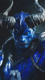Blue horned humanoid warrior stares forward with intensity