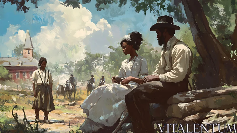 Historical rural gathering in expressive digital painting style.