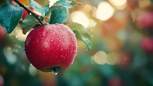 Morning-kissed red apple hangs ripe in a gentle orchard glow
