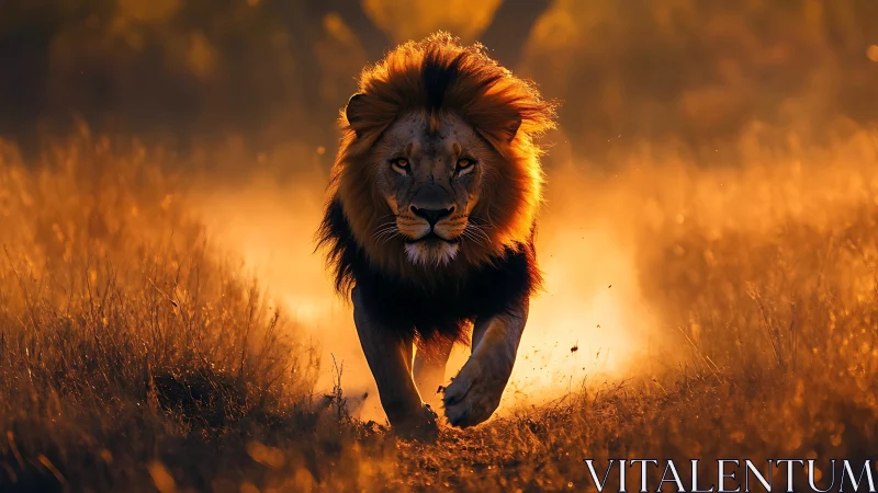 Majestic lion strides through glowing savanna dusk light