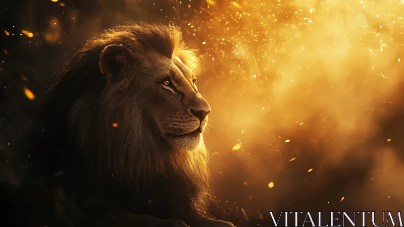 Majestic lion gazes into glowing golden ember haze
