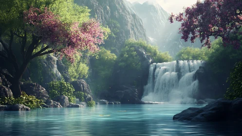 Serene turquoise waterfall framed by misty cliffs and blossom trees.