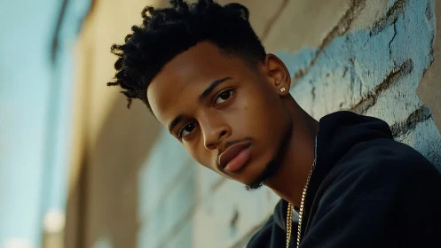 Young man leans against urban wall in soft evening light.