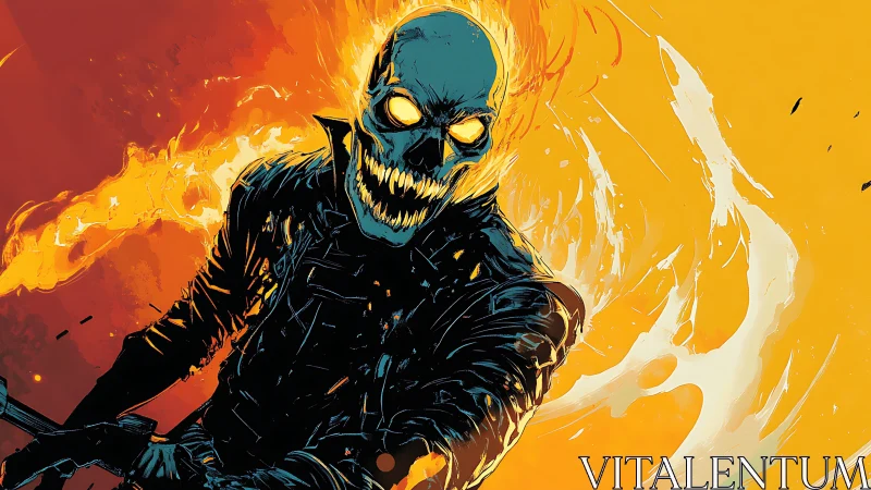 Flaming skull rider in black jacket on vivid orange field.