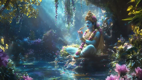 Luminescent deity beside lotus pool in spectral forest ambiance.