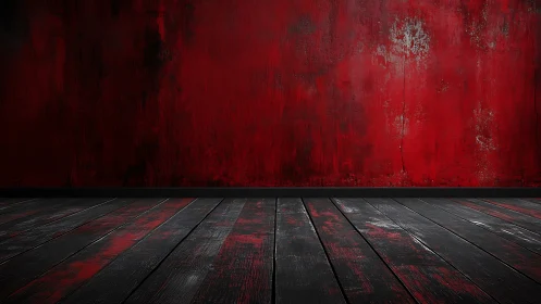 Crimson echo chamber with scarred planks and feral light.