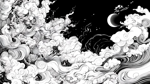 Monochrome crescent moon above swirling ornamental storm clouds