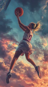 Dynamic digital painting of airborne basketball player silhouette.